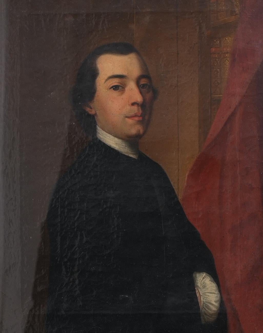 An oil-on-canvas portrait of an Italian nobleman from the period c. 1760. The subject poses in front of his extensive library. The canvas and frame are in excellent condition. The mat and acrylic cover are recent.