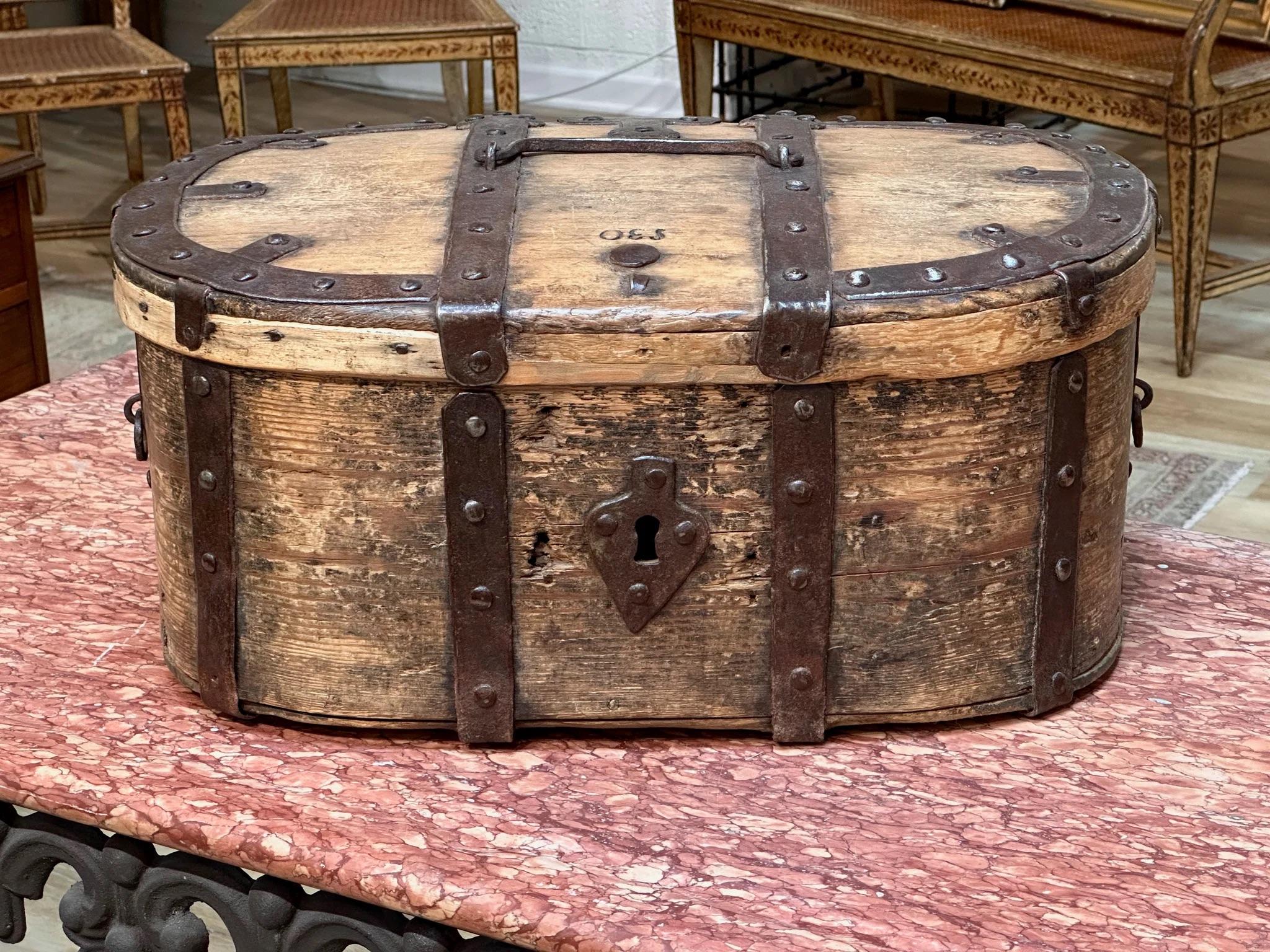 Eighteenth century Swedish Wedding Box. Rustic Swedish wooden box with iron accents and natural patina. Created in Sweden during the last decade of the 18th century.  9.25” h. x 21.25” w. x 15.75” d.
