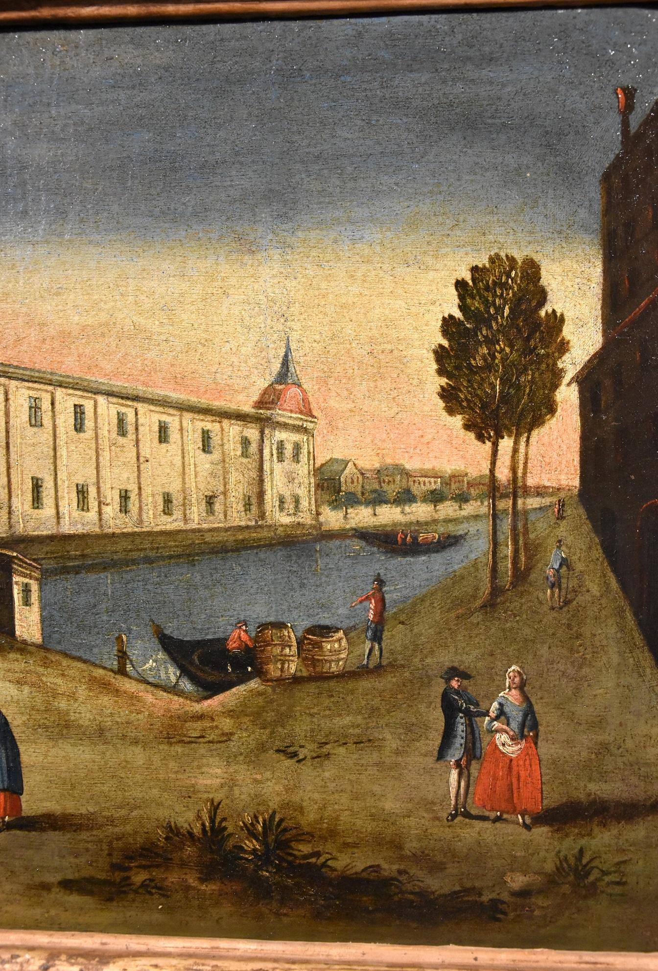 Rotterdam Port See Italian Paint Oil on canvas  18th Century Old master Flemish - Brown Landscape Painting by Eighteenth-century Vedutist painter
