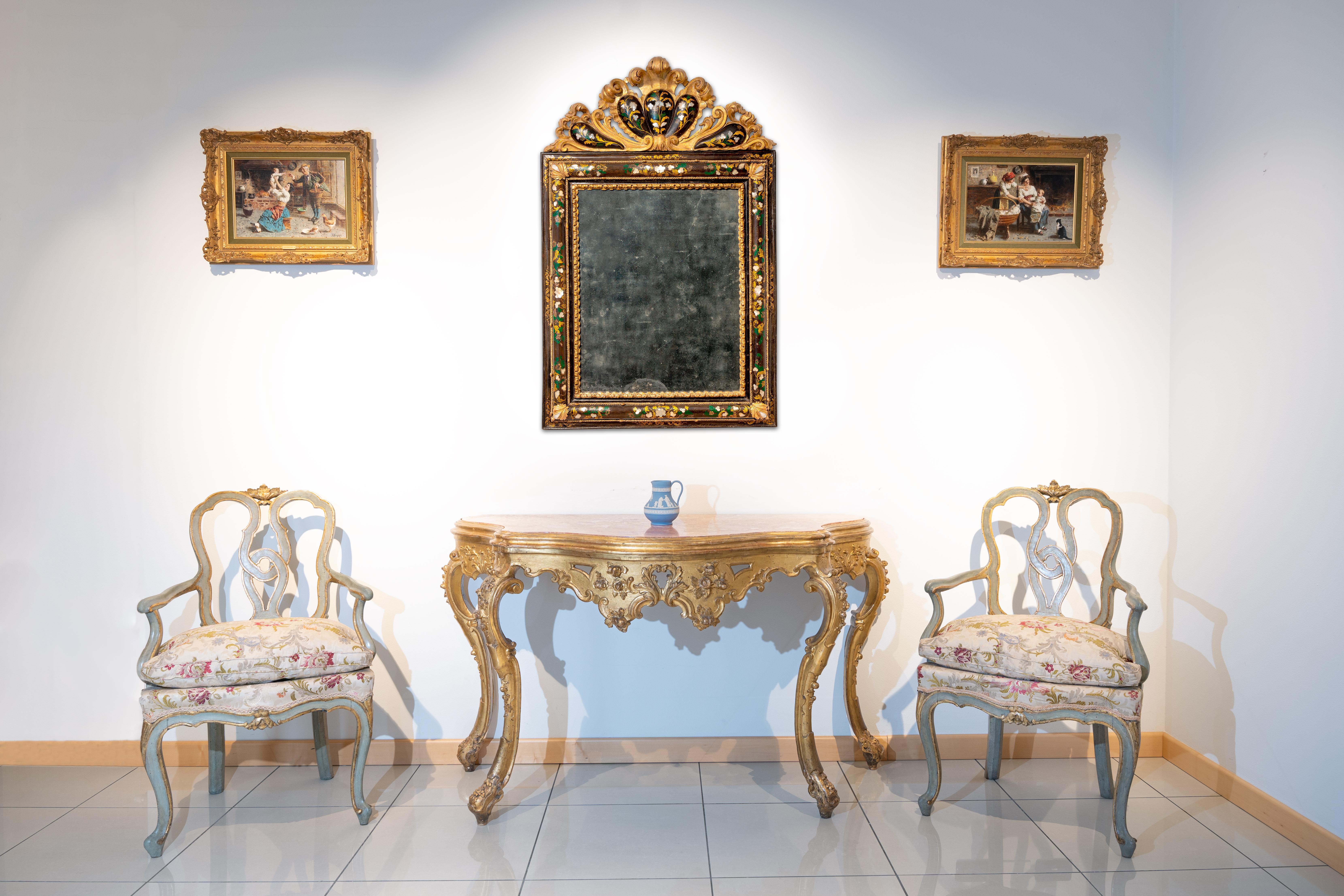 Italian Eighteenth-century Venetian mirror in lacquered wood and with mother-of-pearl in For Sale