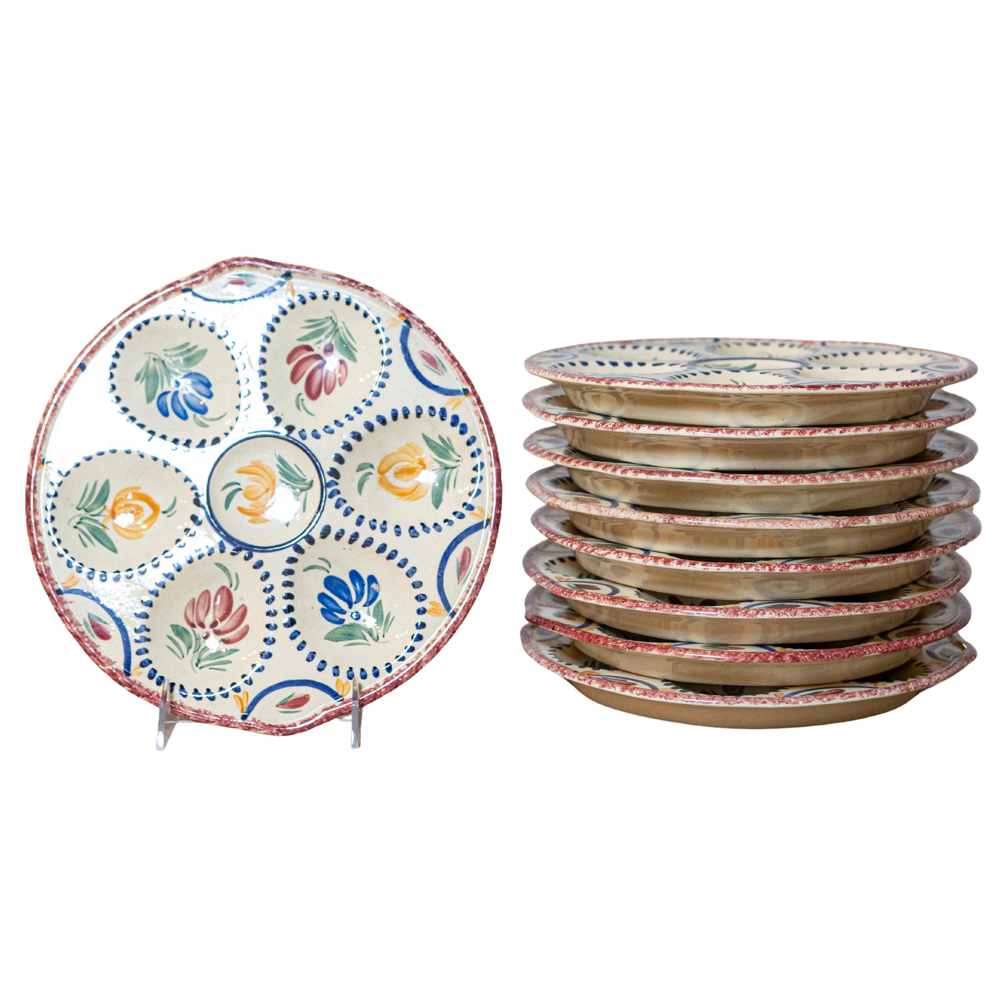 EightFrench Quimper 19th Century HB Manufacture Oyster Plates with Floral Motifs