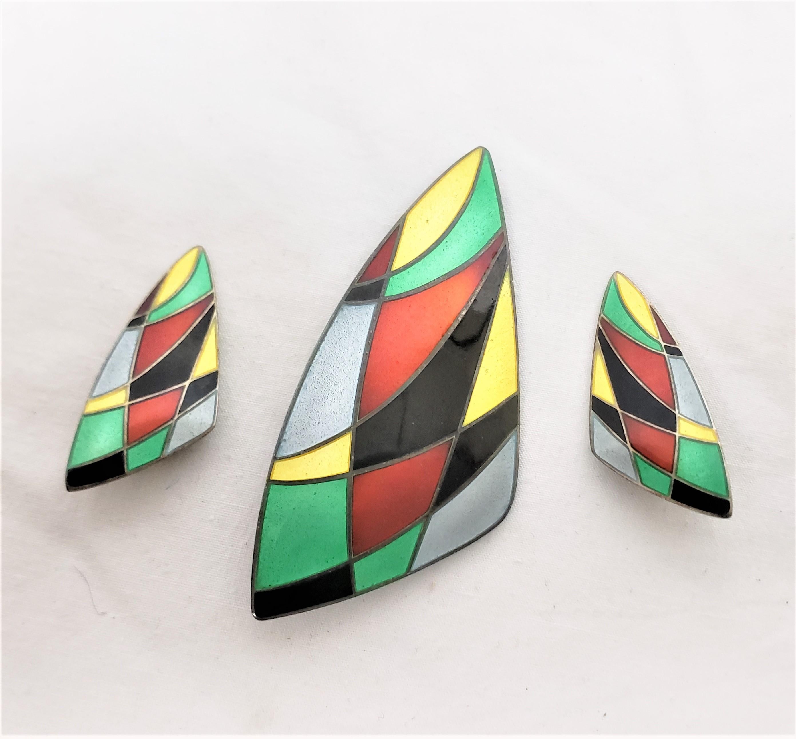 Mid-Century Modern Eigil Jensen Designed for Anton Michelsen Sterling & Enamel Brooch & Earring Set For Sale