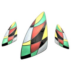 Used Eigil Jensen Designed for Anton Michelsen Sterling & Enamel Brooch & Earring Set