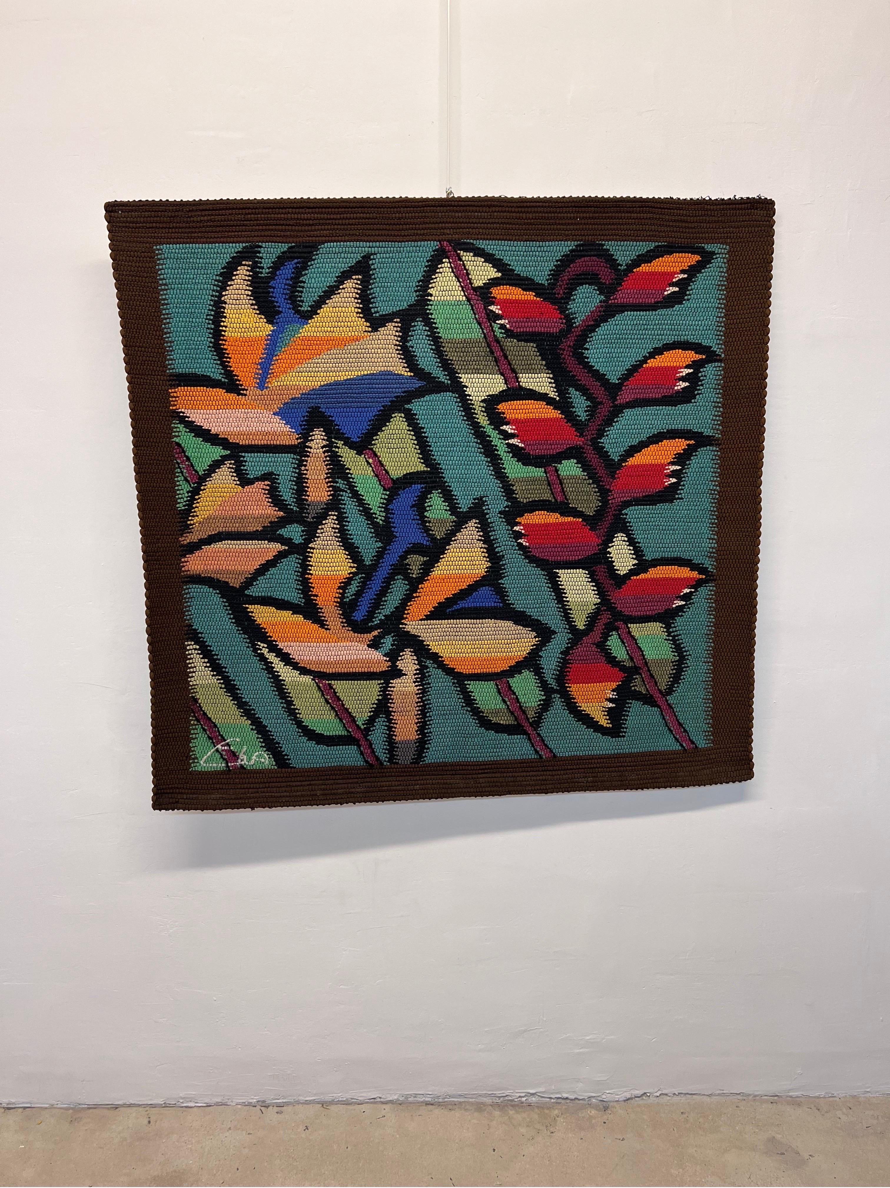 Eila Ampula fiber art floral tapestry handcrafted in Brazil, 1980s.

Eila Ampula was a well-known Brazilian artist who specialized in tapestry design. Her work has been exhibited in galleries, consulates and museums around the world. This piece is a