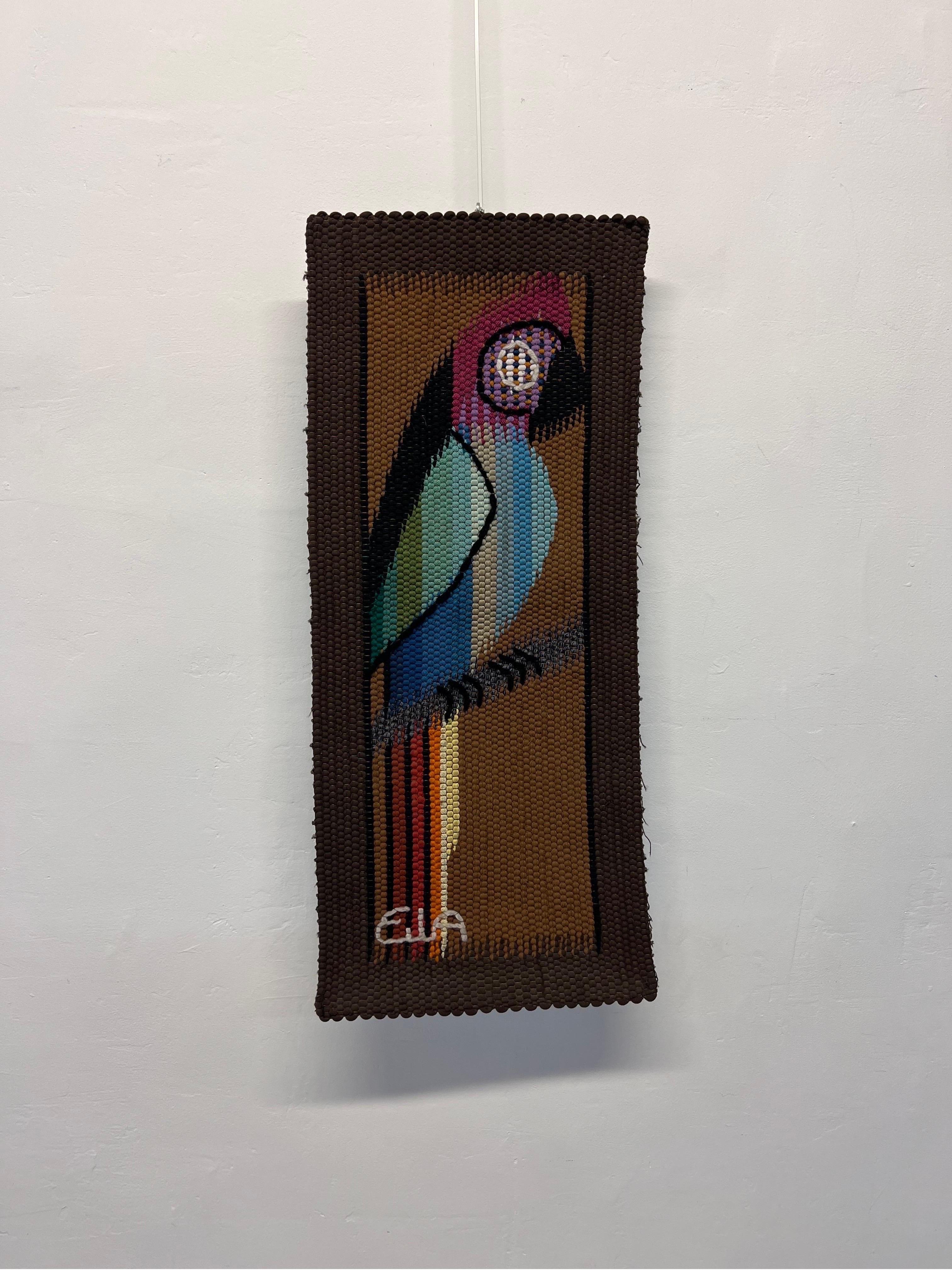 Midcentury Brazilian Modern wall art tapestry of a colorful Parrot by Eila Ampula, Brazil.