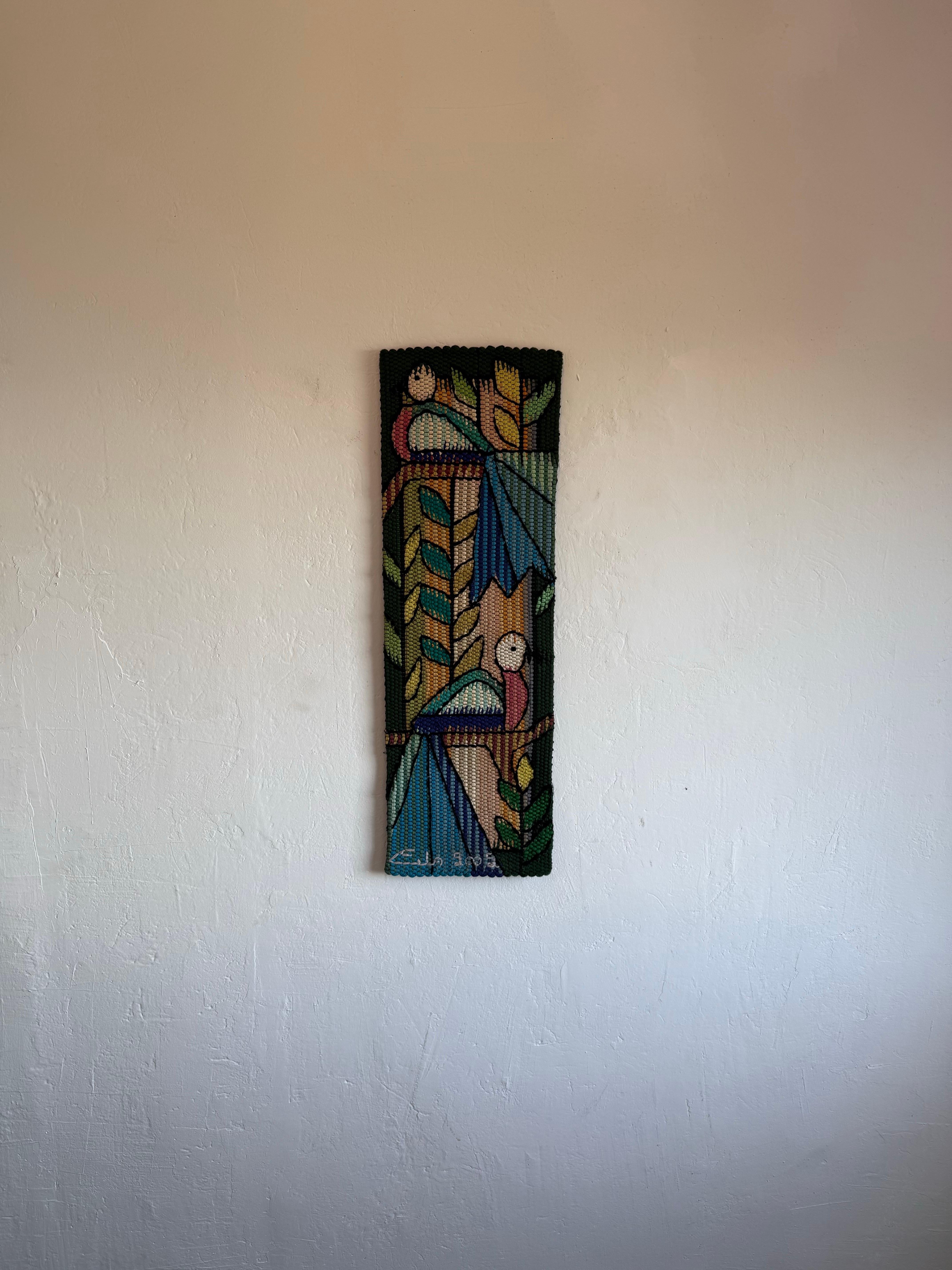 Brazilian Modern wall art tapestry of two colorful birds on branches by Eila Ampula, Brazil 2002.