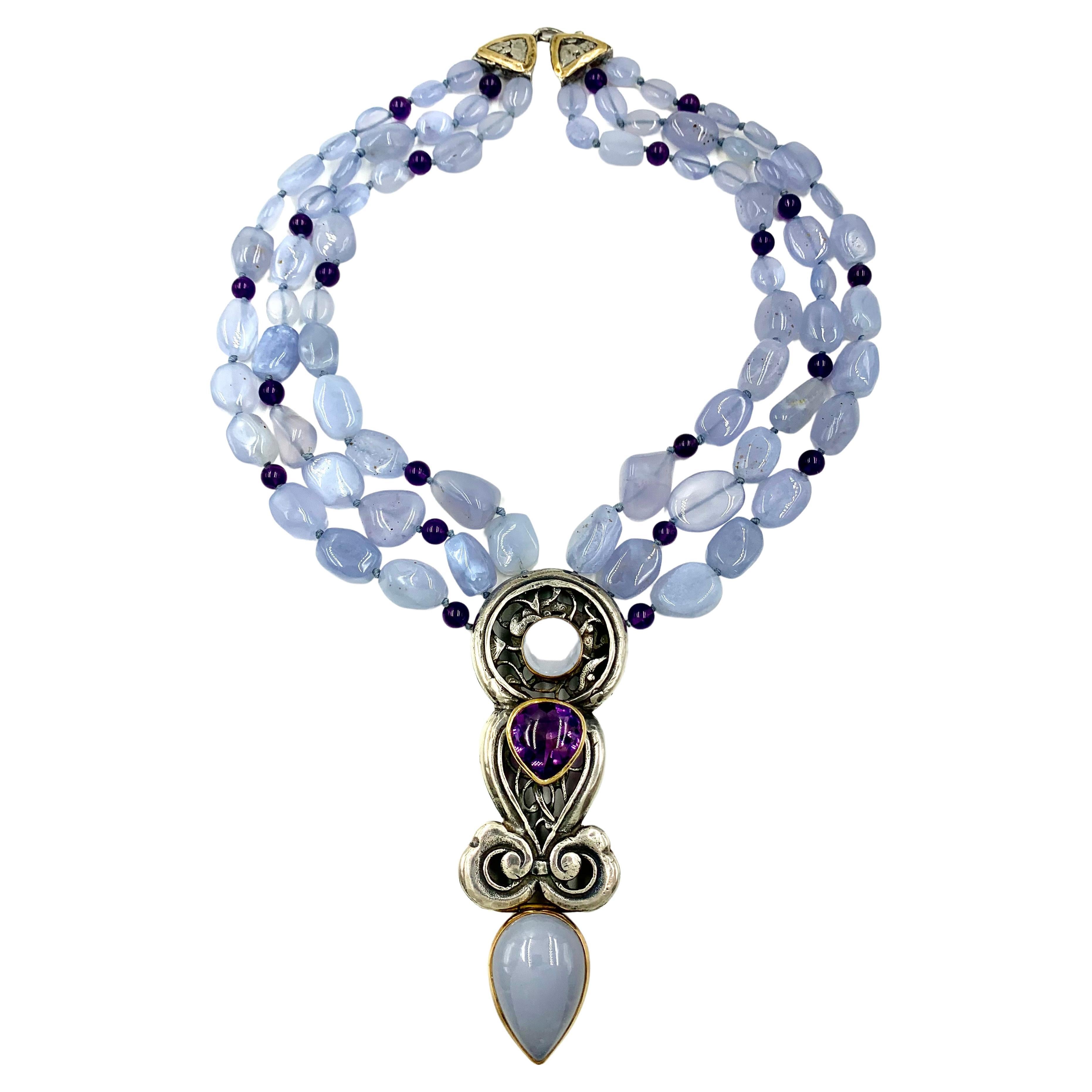 Eileen Coyne Blue Calcedony Cabochon Amethyst 22K Gold, Sterling Silver Necklace For Sale