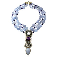Eileen Coyne Blue Calcedony Cabochon Amethyst 22K Gold, Sterling Silver Necklace
