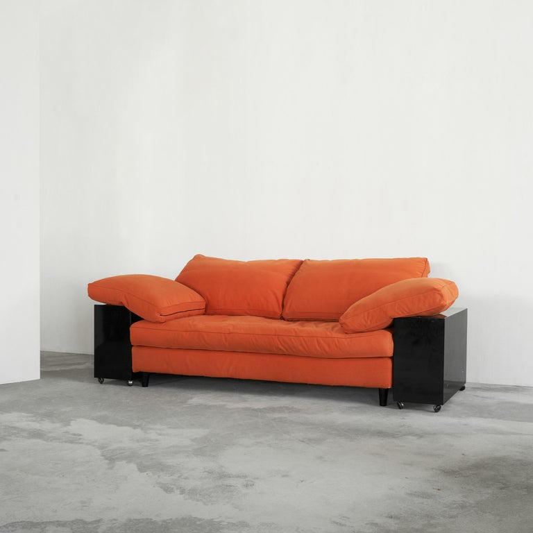 Eileen Gray 'Lota' Sofa in Black Lacquer and Orange Fabric 1980s For Sale  at 1stDibs