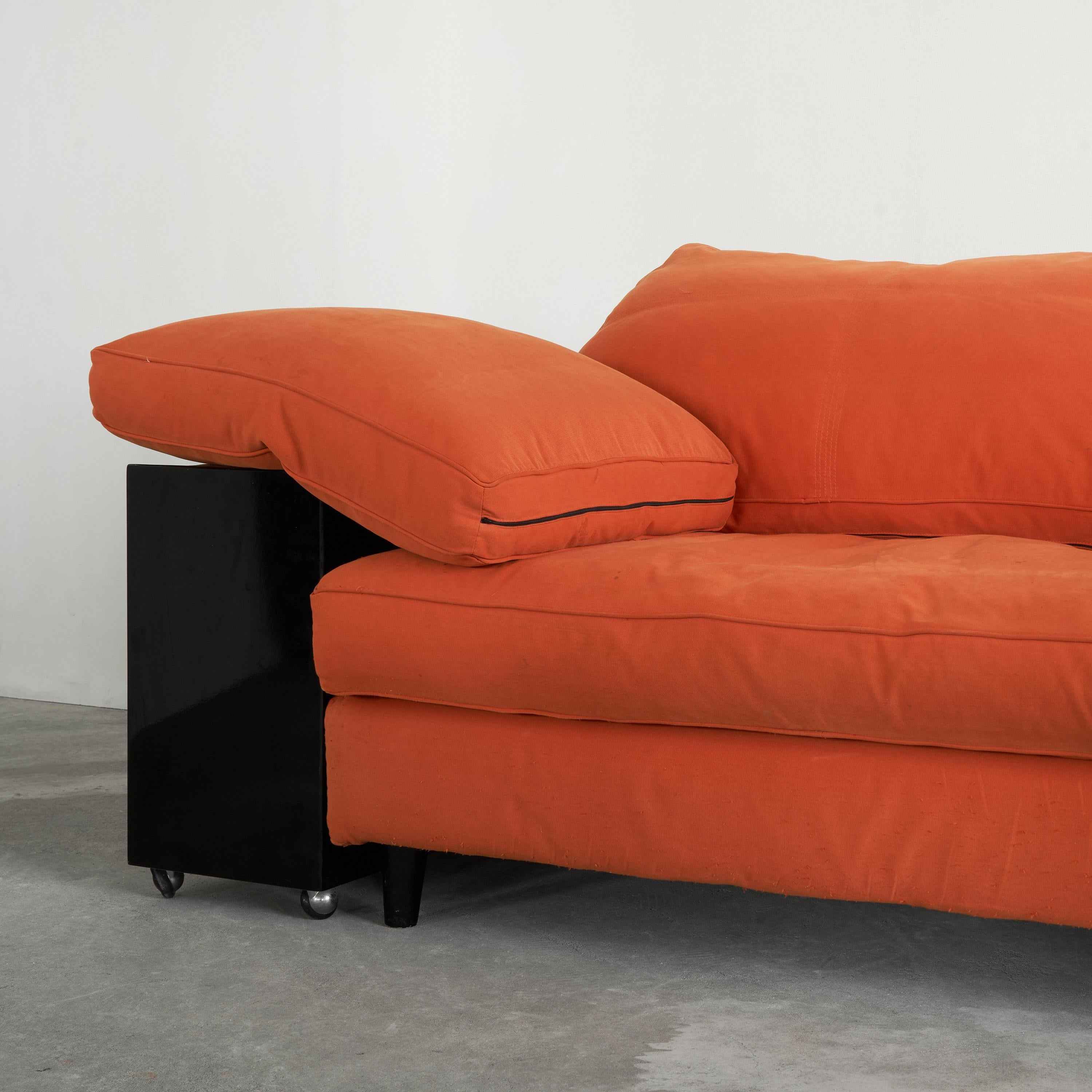 Art Deco Eileen Gray 'Lota' Sofa in Black Lacquer and Orange Fabric 1980s For Sale