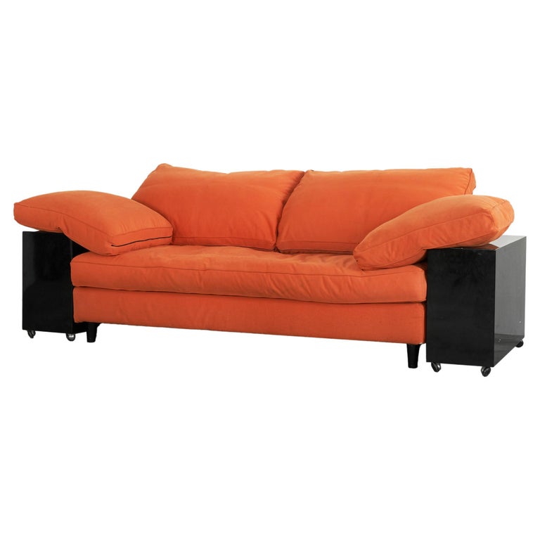 Eileen Gray 'Lota' Sofa in Black Lacquer and Orange Fabric 1980s For