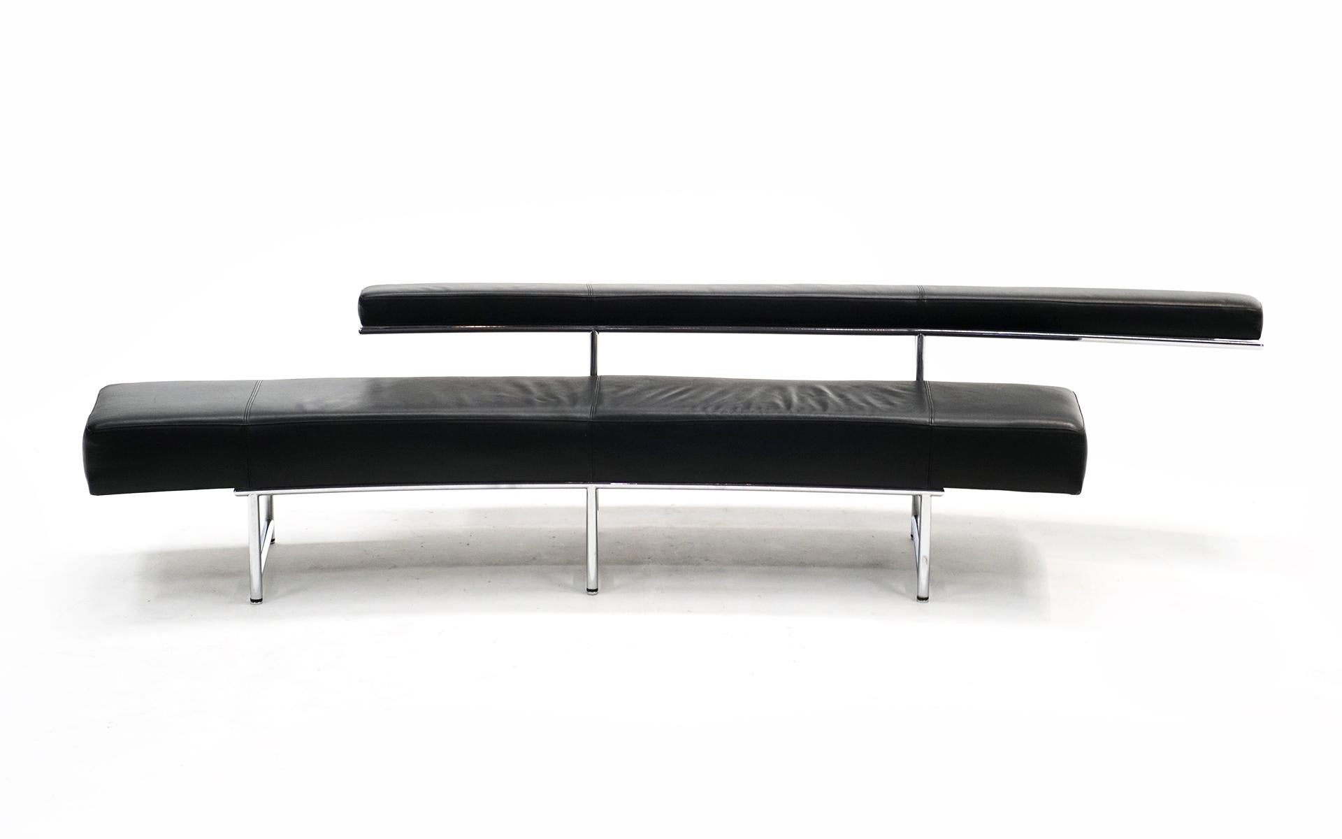 Monte Carlo Sofa designed in Eileen Gray in 1929 and produced by ClassiCon in the 2000s. Curved form in black leather and tubular chrome. This example has see very little use. No scratches, tears, scuffs or repairs to the leather. The frame shows