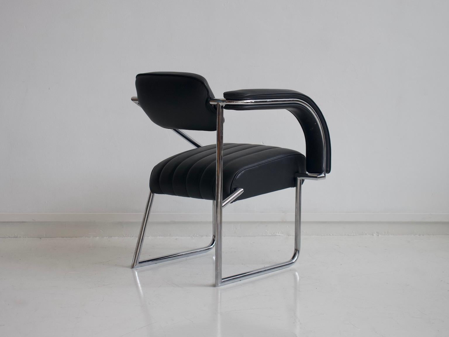 German Eileen Gray Non Conformist Black Leather and Steel Chair