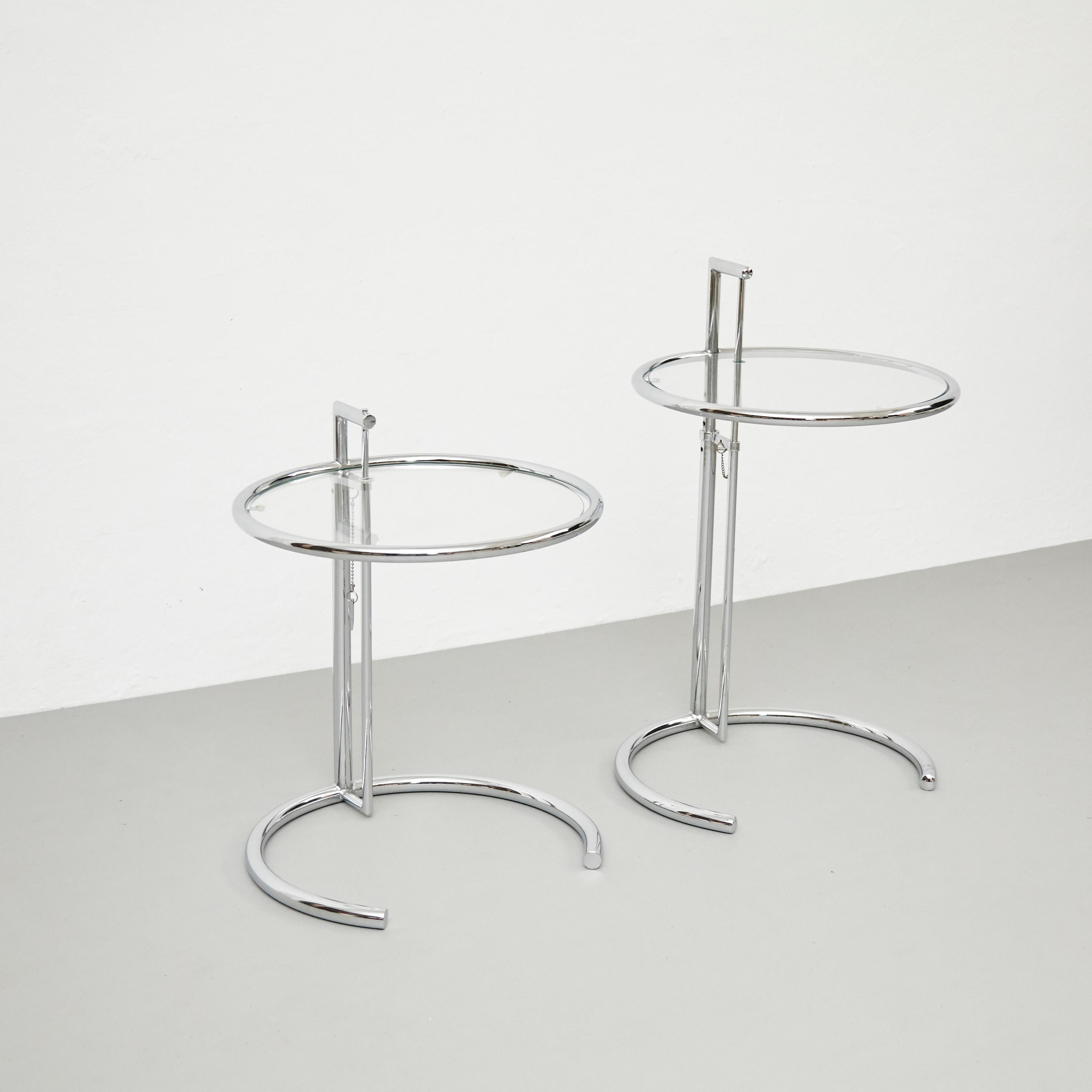 After Eileen Gray Pair of E1027 Side Tables, Glass and Tubular Steel, circa 1970 6