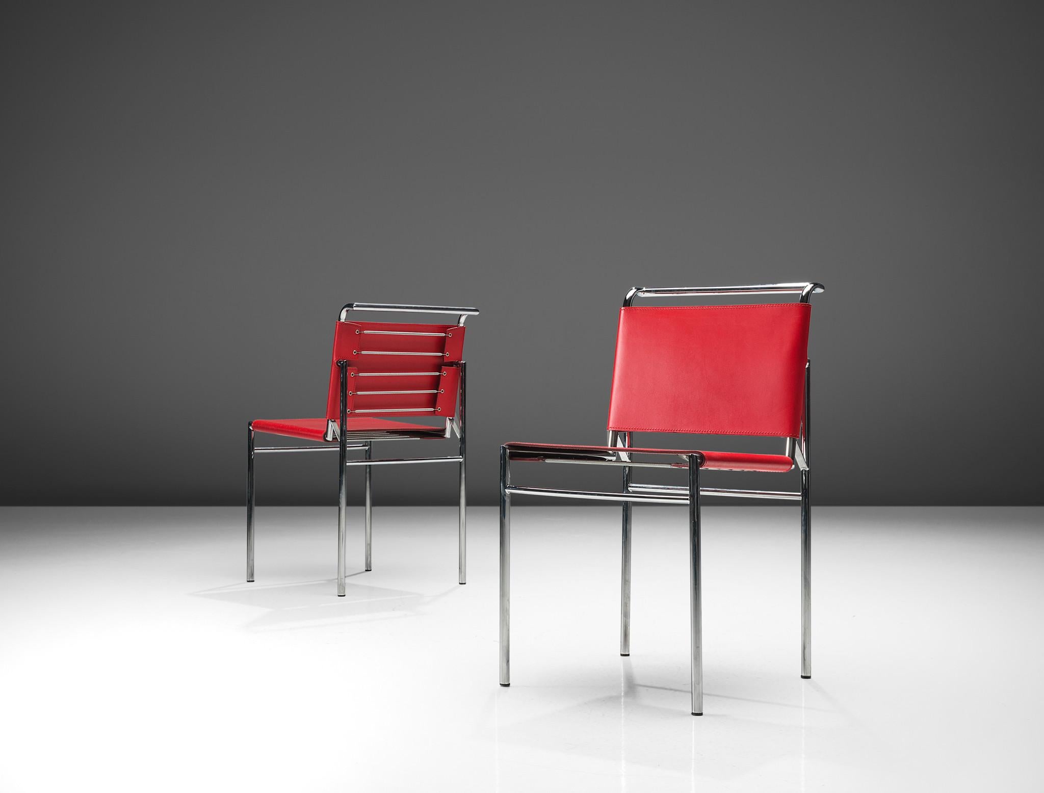 Eileen Gray, pair of 'Roquebrune' chairs, chrome-plated steel, red leather, France, design 1927, later production

Sleek pair of roquebrune chairs designed by Eileen Gray. The frame is made out of polished chromium plated tubular steel. Eileen Gray
