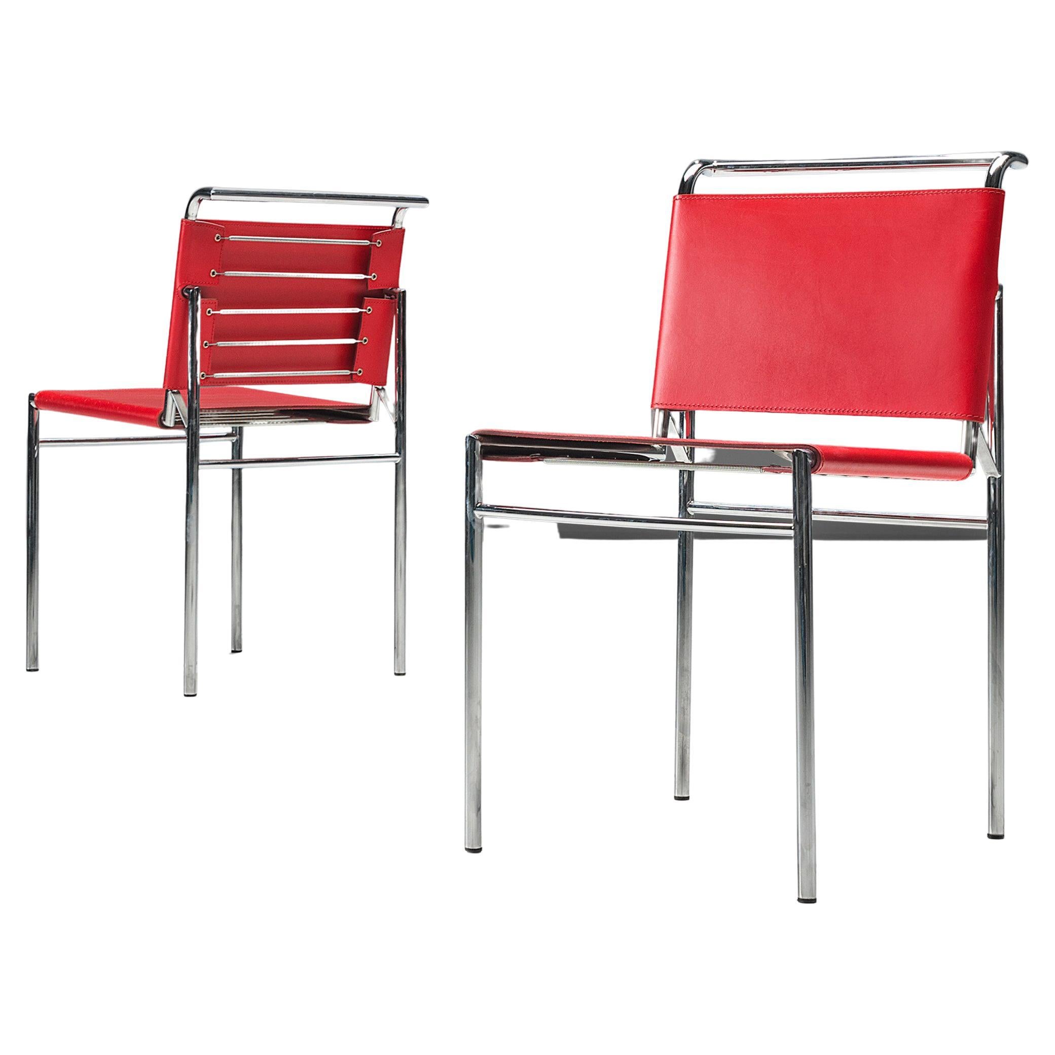 Eileen Gray Pair of 'Roquebrune' Dining Chairs in Red Leather For Sale