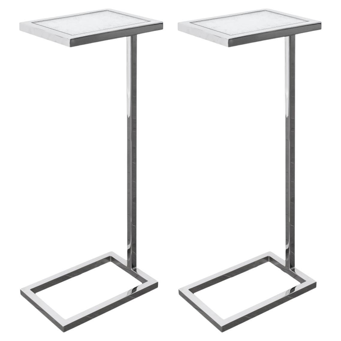 Eileen Gray Style Modernist Chrome Mirror Tables, Pair