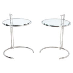 Eileen Gray Style Round Chrome Steel & Glass Side Tables - A Pair