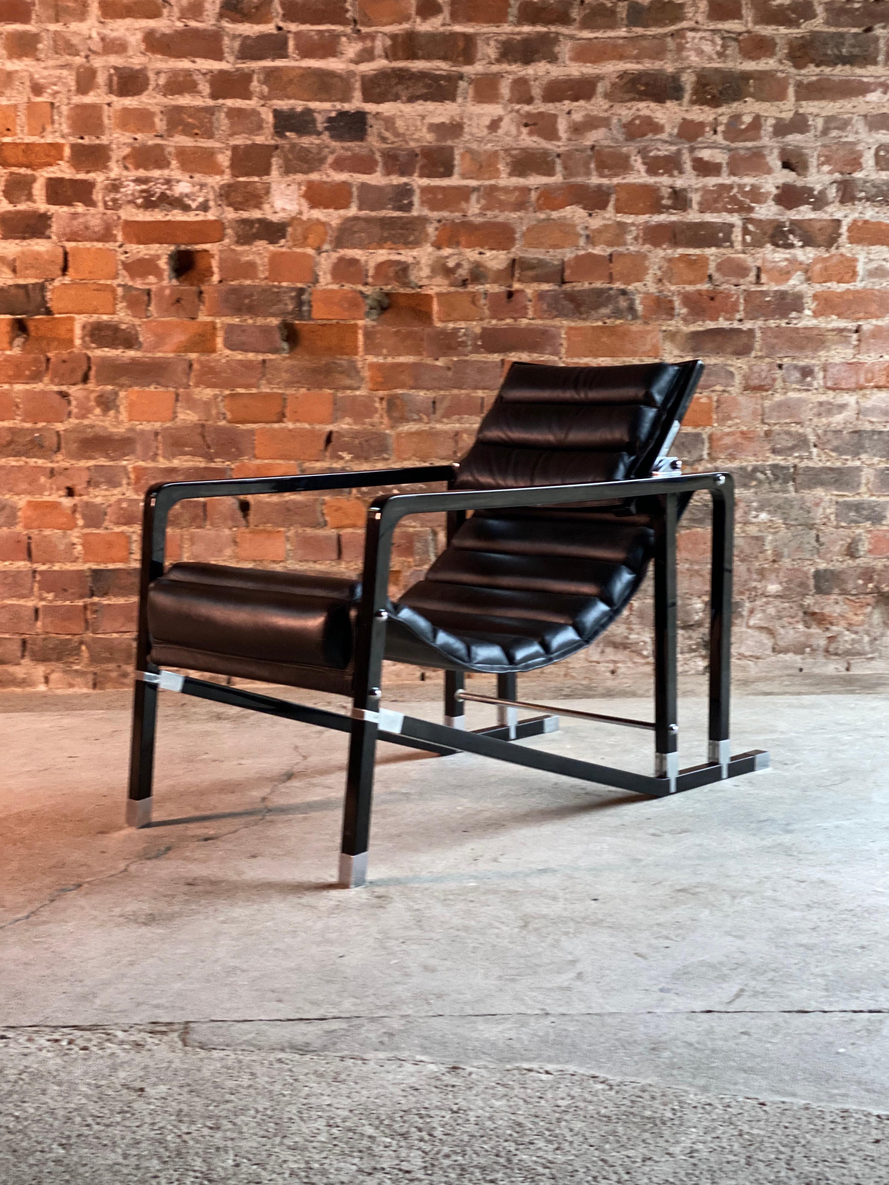 Bauhaus Eileen Gray Transat Chair in Black Leather Black Lacquer by Ecart, circa 2000