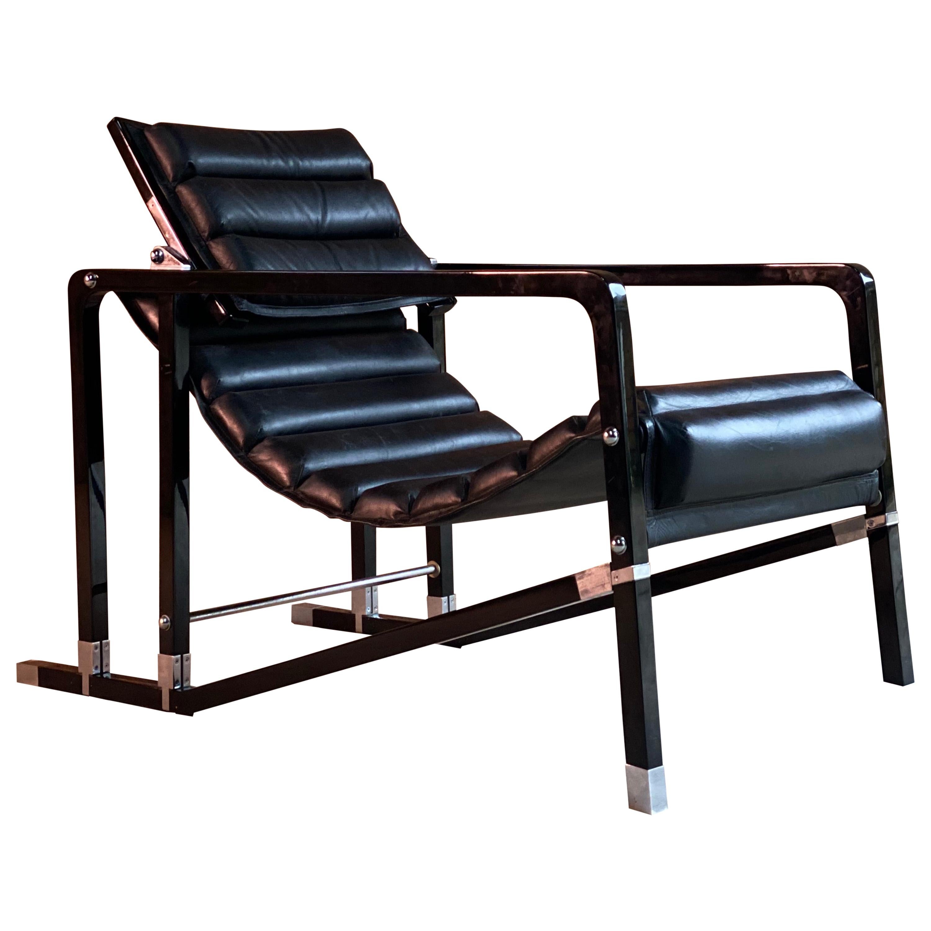 Eileen Gray Transat Chair in Black Leather Black Lacquer by Ecart, circa 2000