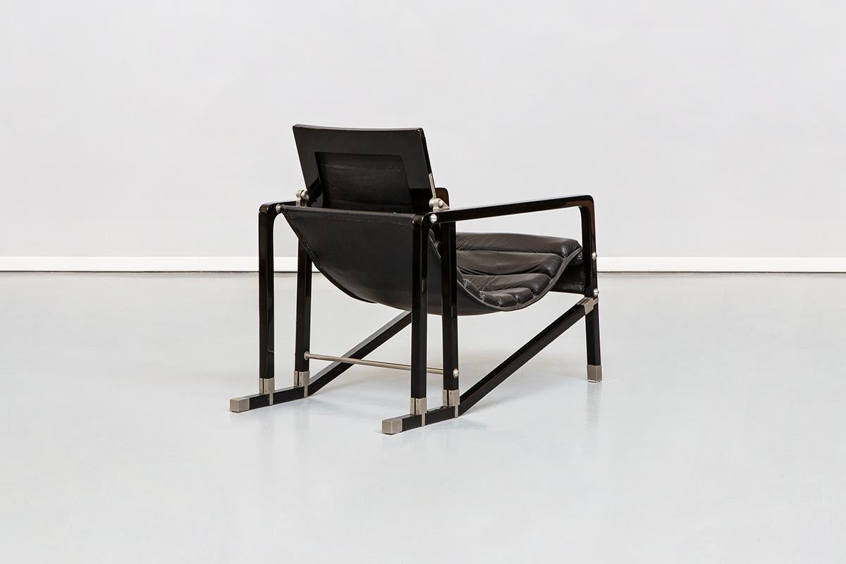 Italian Black wood, metal and leather Eileen Gray Transat Lounge Chair, 1970s