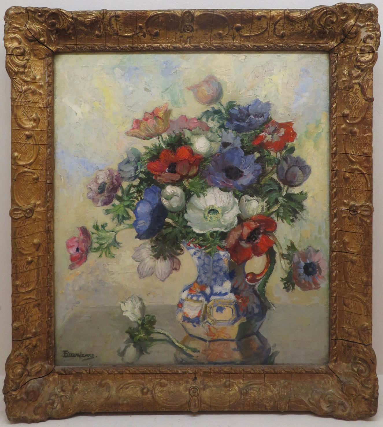LOVELY ENGLISH MID 20TH CENTURY OIL PAINTING Still Life Of Anemone Flowers