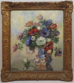 LOVELY ENGLISH MID 20TH CENTURY OIL PAINTING Still Life Of Anemone Flowers