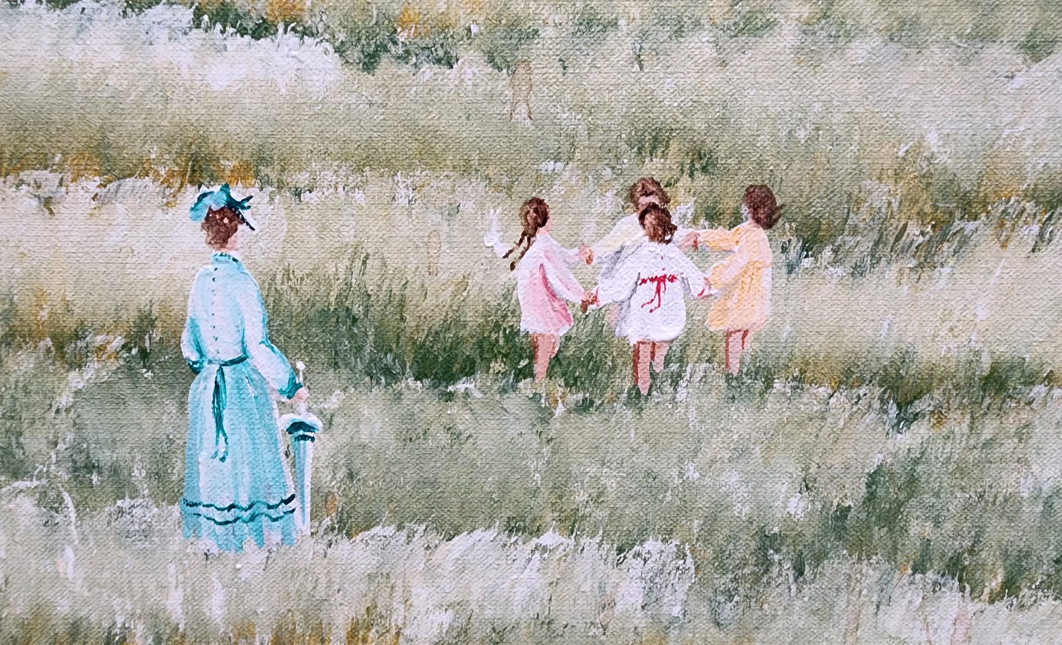 Ring around The Rosie, Vintage Mid, Century, Little Girls Playing in a Field - American Impressionist Painting by Eileen Jones