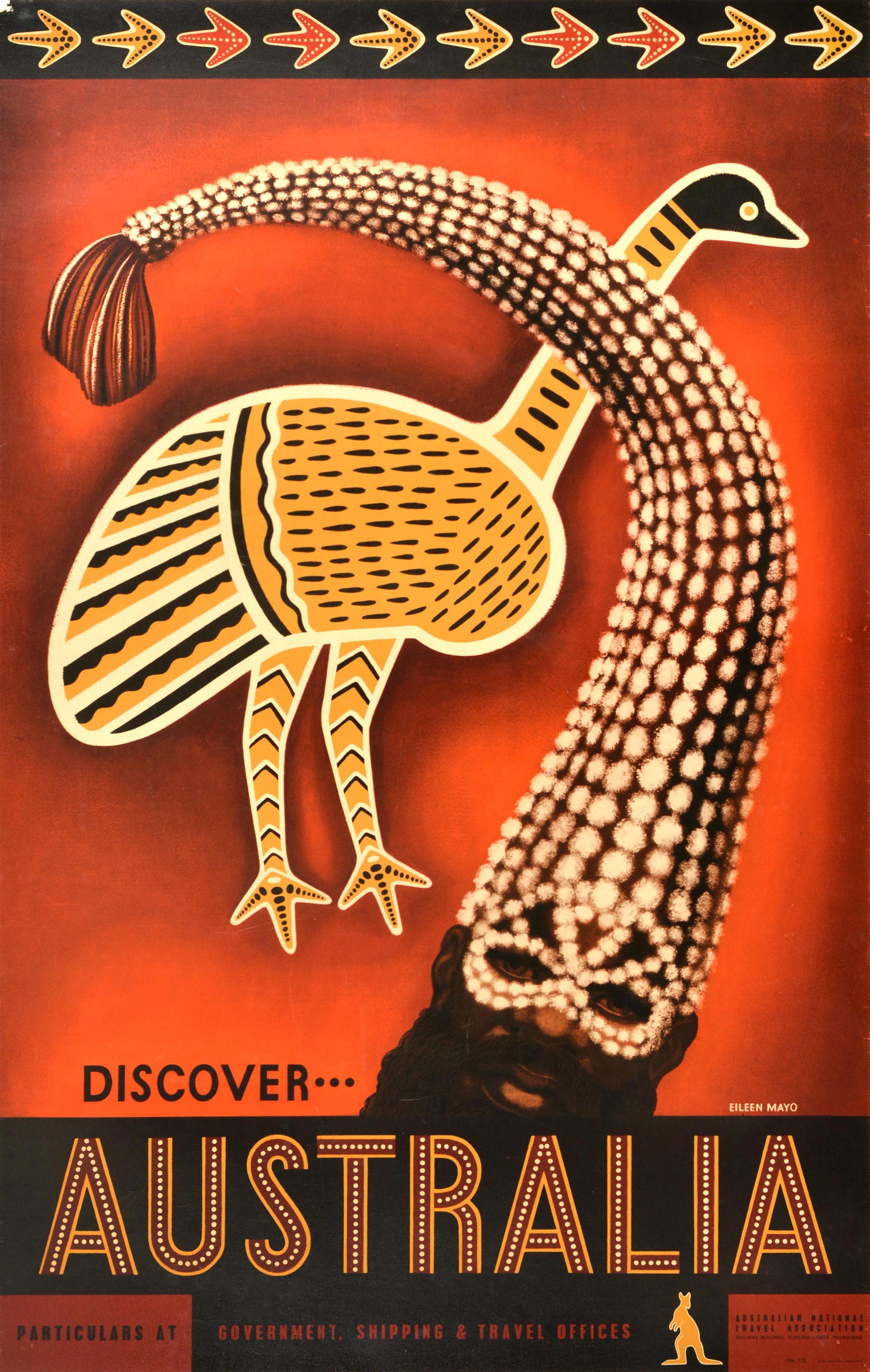 Original vintage travel advertising poster - Discover Australia - issued by the Australian National Travel Association to promote tourism to the country. Fantastic image by Eileen Mayo (1906-1994) featuring traditional artwork and symbols from the