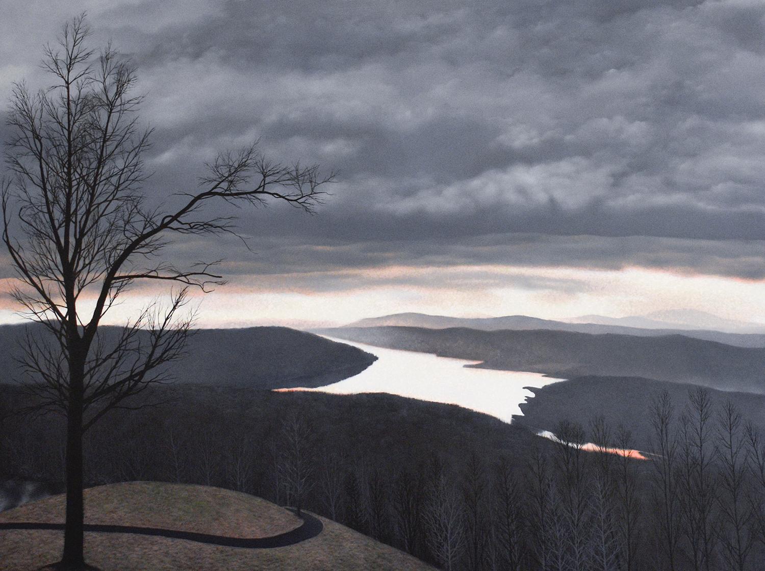 Photo-realist landscape painting of the Hudson River Valley from Olana, the historic home of Frederic Church
"Cusp", painted by Eileen Murphy in 2019
30 x 40 inches oil on panel, 31 x 41 inches in custom Larson Juhl dark wood frame
wire backing for