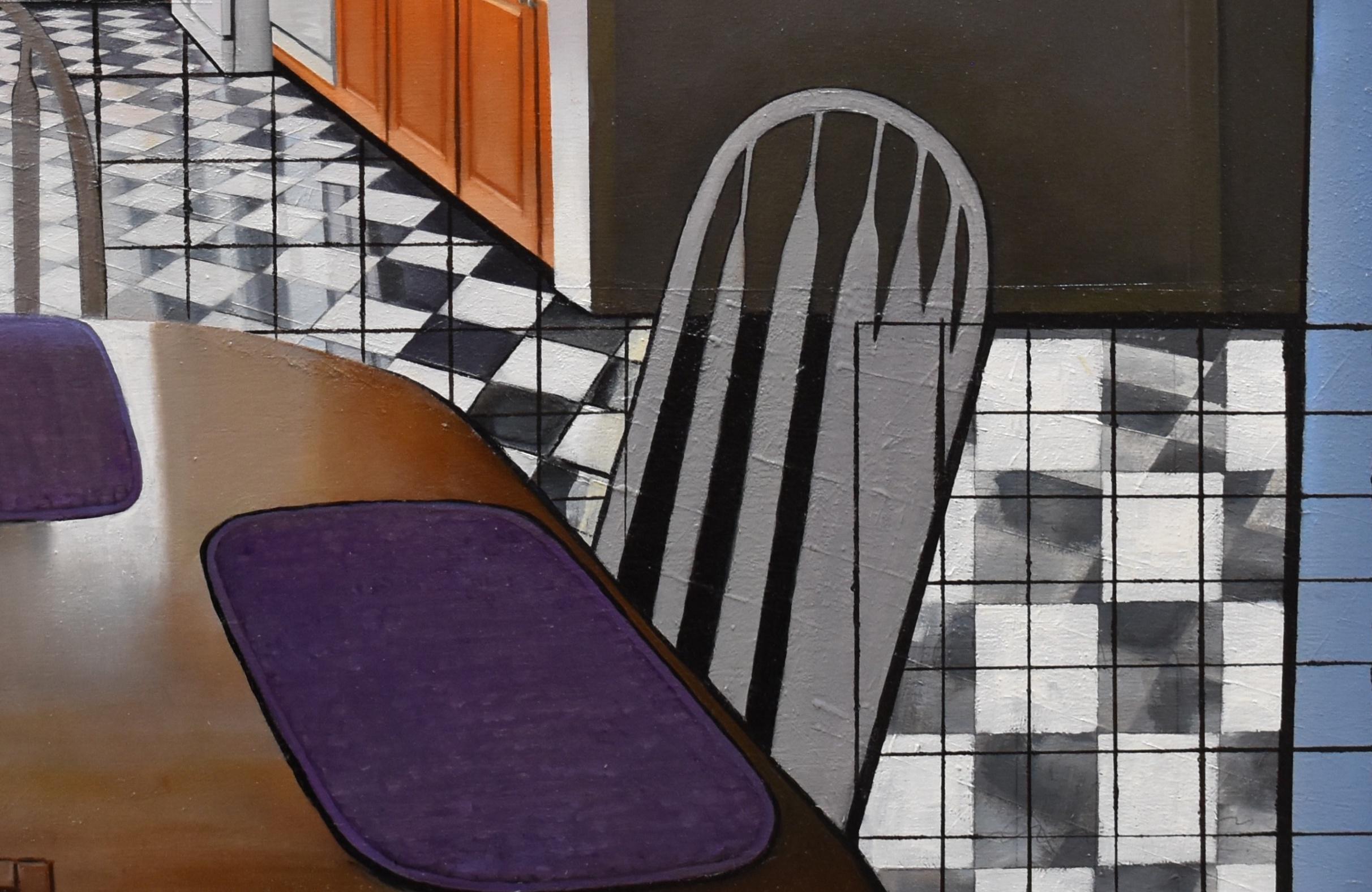 Hillsdale Kitchen, graphic surrealist interior oil painting, 2012 - Painting by Eileen Murphy