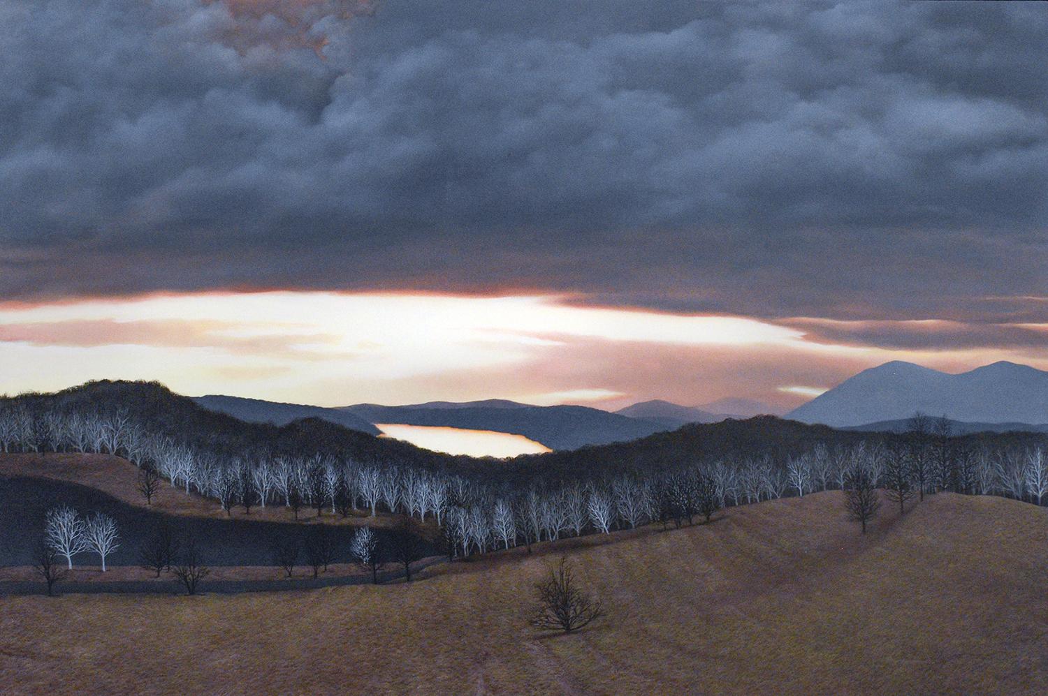 Photo-realist landscape painting on panel of a field overlooking the Hudson River Valley 
“Flare Up Like a Flame, And Make Shadows I Can Move In” painted by Eileen Murphy in 2019
oil on panel, 24 x 36 inches unframed, 25 x 37 inches in Larson Juhl