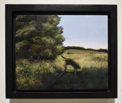 Golden Hour I (Realistic Landscape Painting of Green Fields & Blue Sky, Framed)