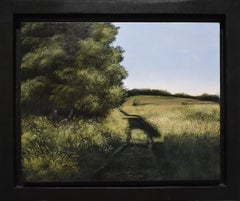 Golden Hour I (Realistic Landscape Painting of Green Fields & Blue Sky, Framed)