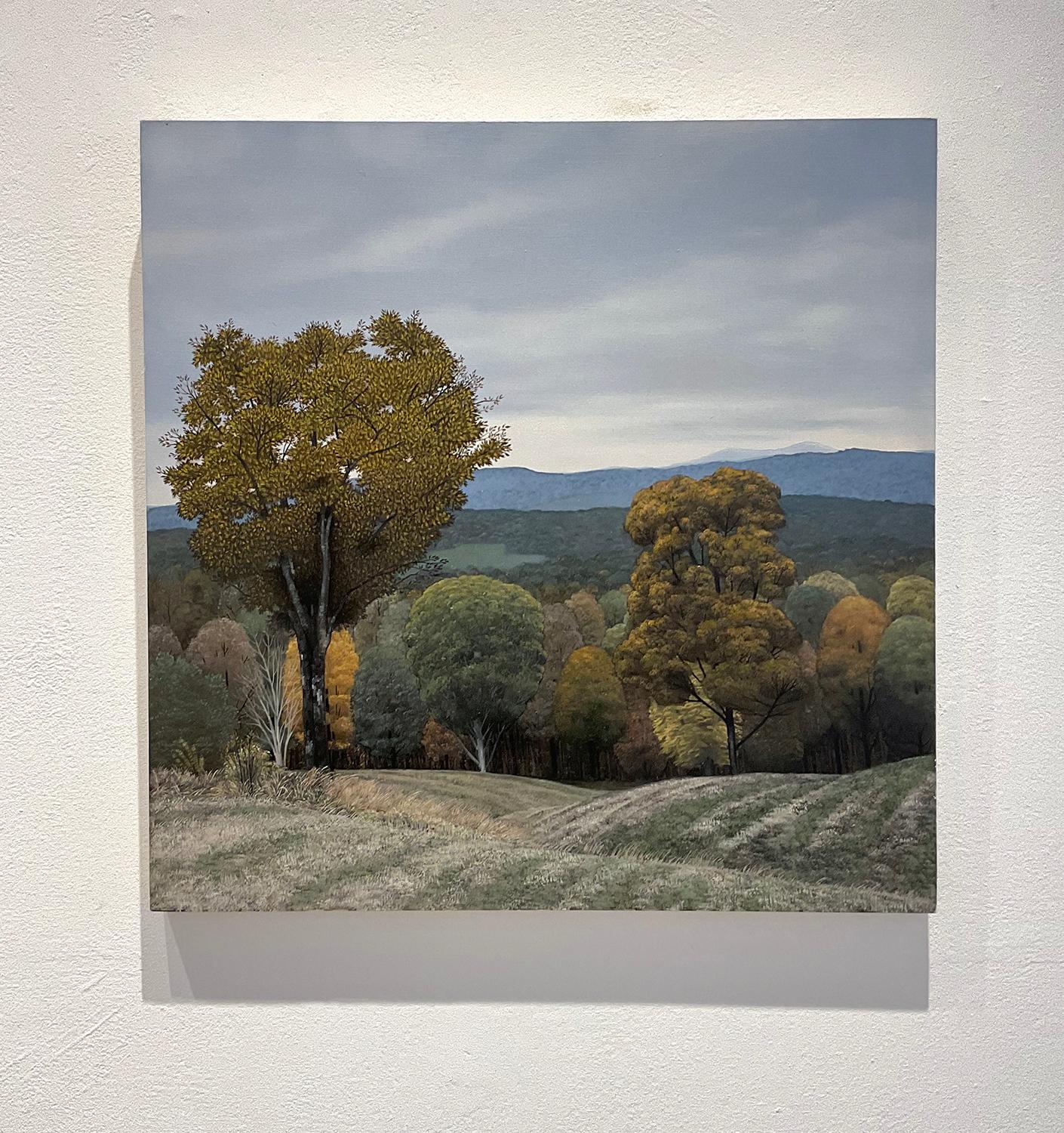 Photo-realist fall foliage landscape painting of the Hudson River Valley from Olana, the historic home of Frederic Church
