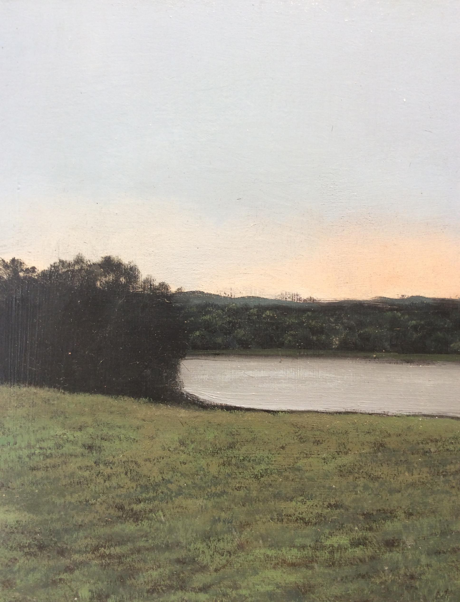 Untitled Landscape (Framed Oil on Canvas of Hudson Valley Riverbank at Dusk) - Painting by Eileen Murphy