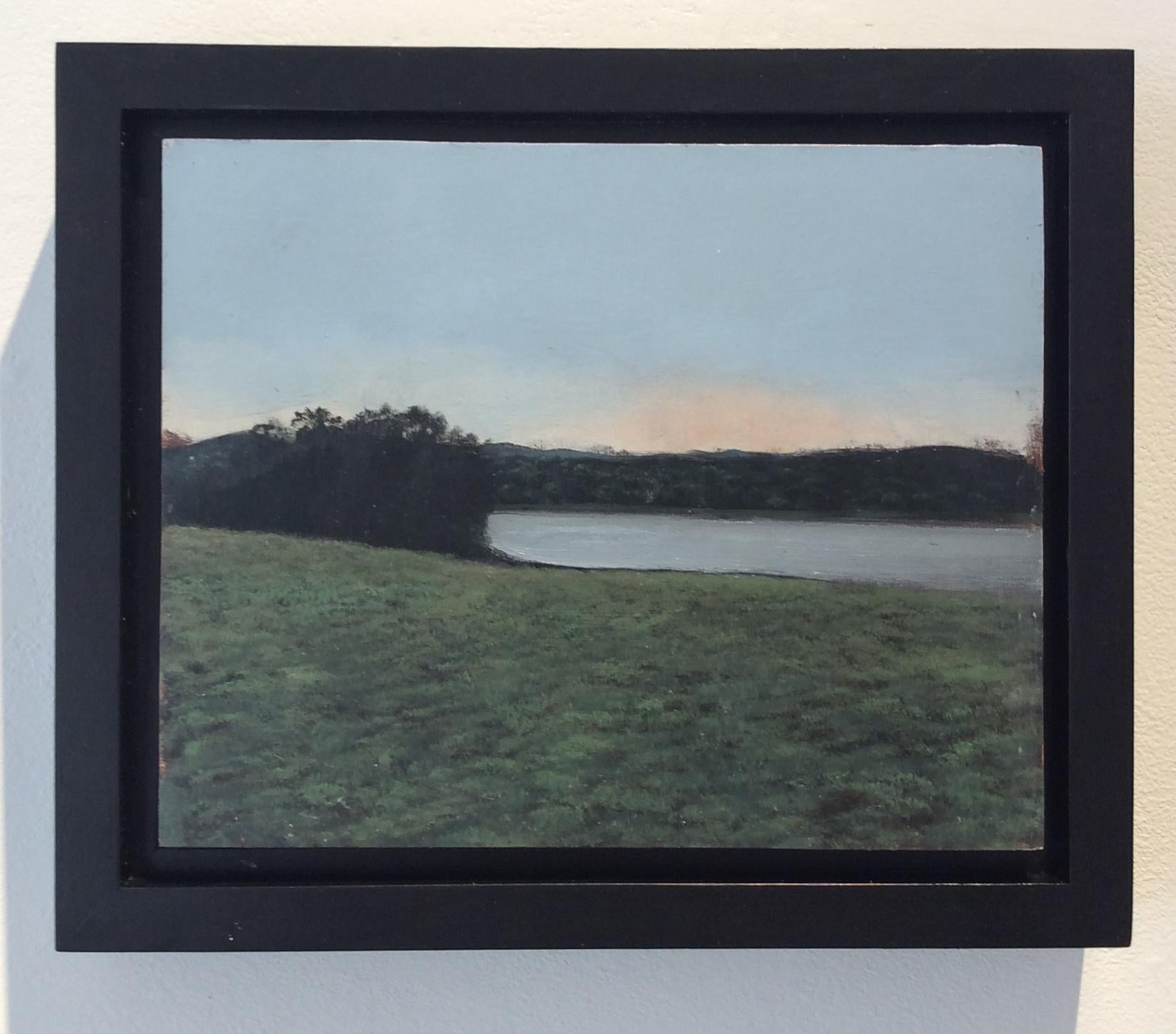 Untitled Landscape, 2018
oil on panel 
10 x 12 inches in black frame

This oil painting depicts a low lit landscape of a river bank in the Hudson Valley using a combination of blue and emerald green. The other side of the river is low lit and dark