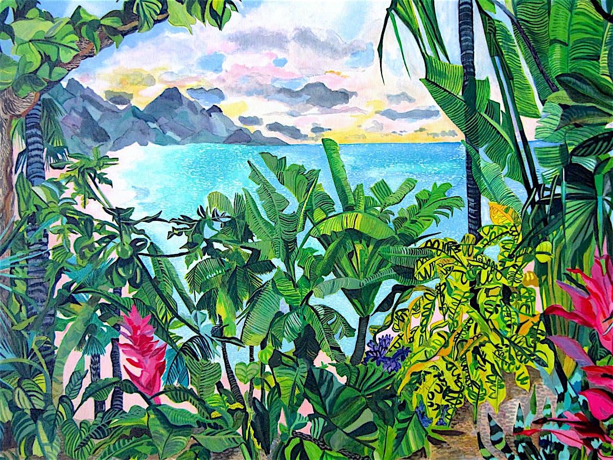 BEYOND EARTHS BEAUTY Signed Lithograph, Island Landscape, Tropical Plants, Beach - Print by Eileen Seitz