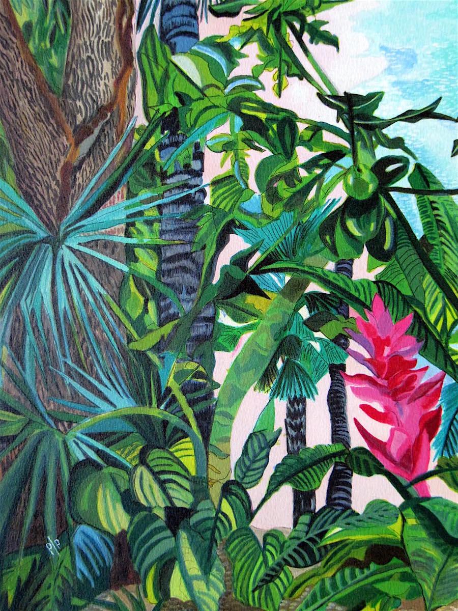 BEYOND EARTHS BEAUTY Signed Lithograph Colorful Island Landscape Tropical Plants - Contemporary Print by Eileen Seitz