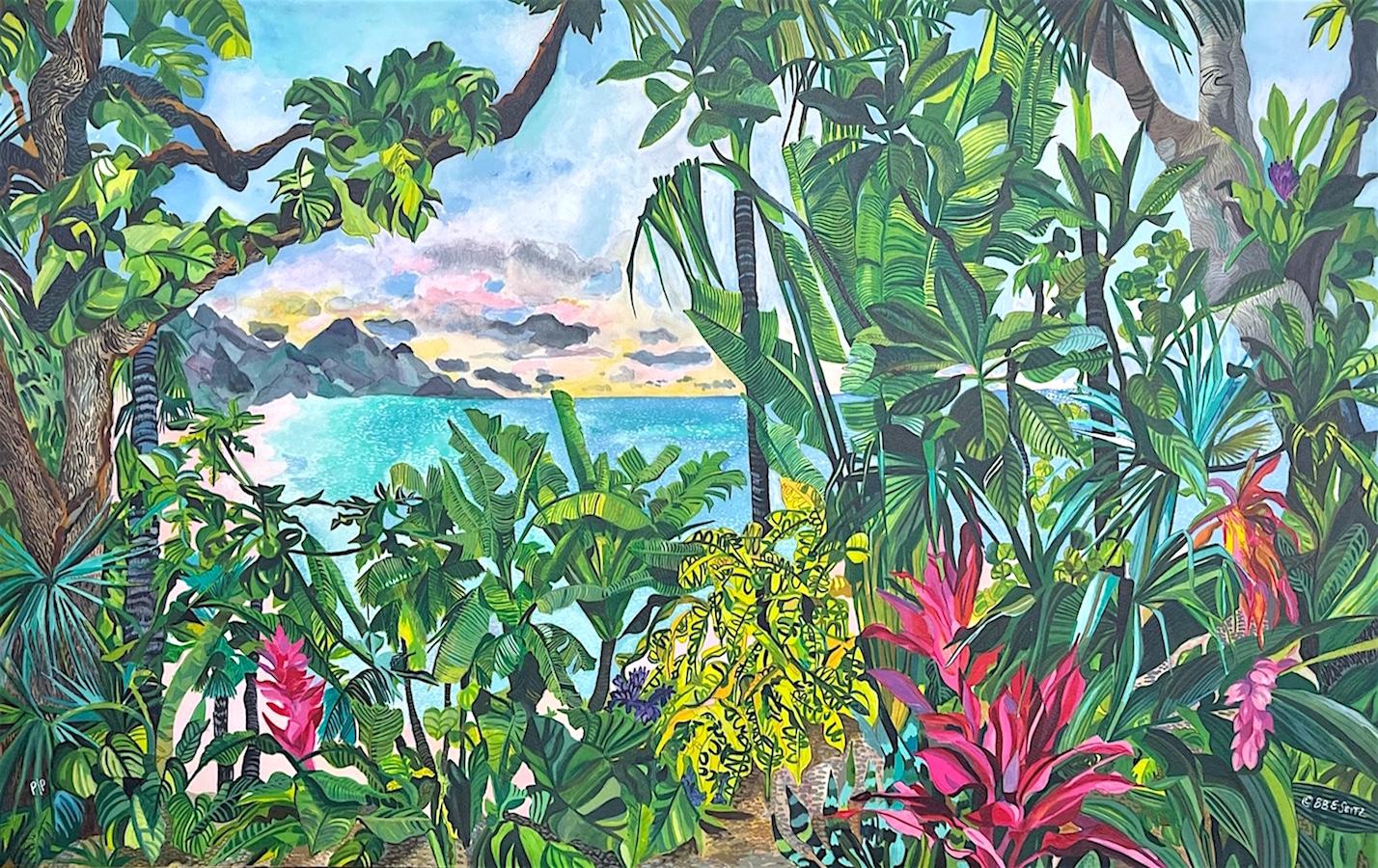 BEYOND EARTHS BEAUTY Signierte Lithographie Bunte Insellandschaft Tropische Pflanzen, signiert