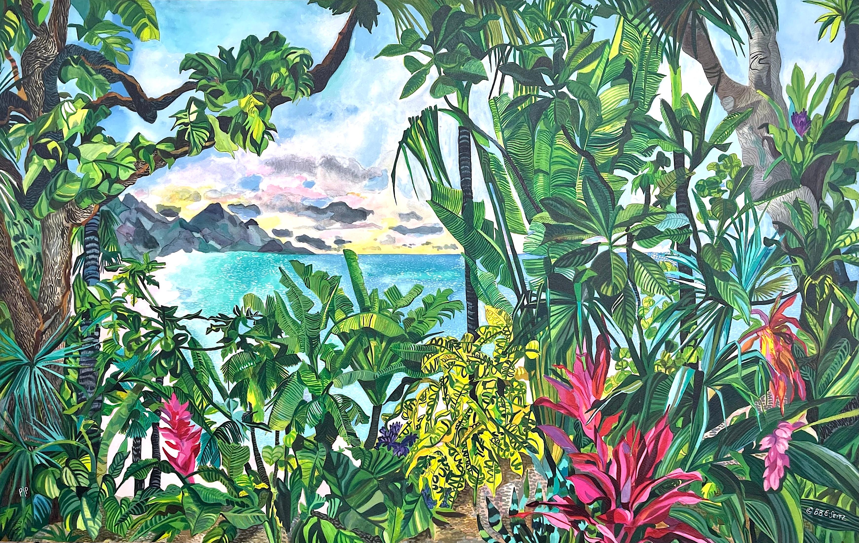 BEYOND EARTHS BEAUTY Lithographie signée Island Landscape Tropical Plants, Beach