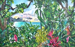 BEYOND EARTHS BEAUTY Signierte Lithographie Insellandschaft Tropische Pflanzen, Strand