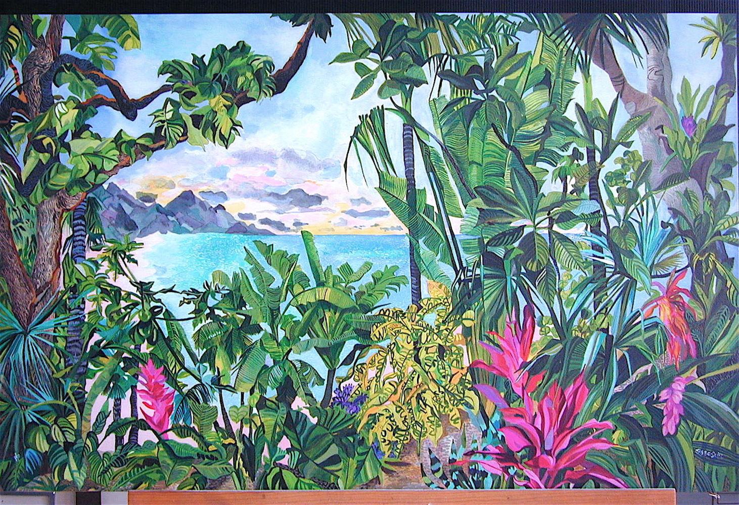BEYOND EARTHS BEAUTY Signed Lithograph, Island Landscape, Tropical Plants, Beach - Blue Landscape Print by Eileen Seitz