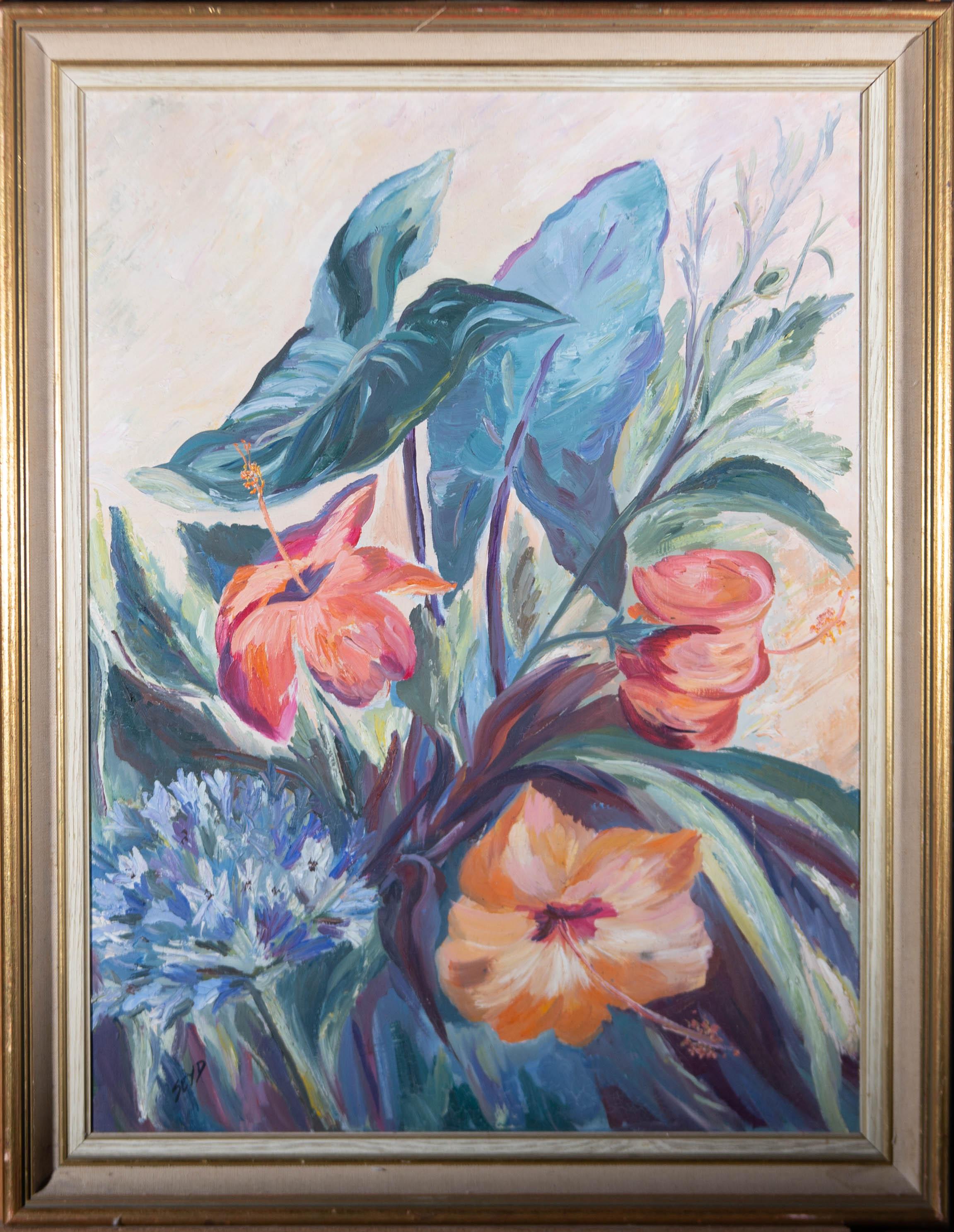 Eileen Seyd (1908-1976) - Óleo de mediados del siglo XX, Hibisco, Alliums y Filodendro 1