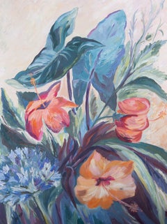 Eileen Seyd (1908-1976) - Óleo de mediados del siglo XX, Hibisco, Alliums y Filodendro