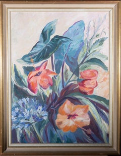 Vintage Eileen Seyd (1908â€“1976) - Mid 20thC Oil, Hibiscus, Alliums and Philodendron