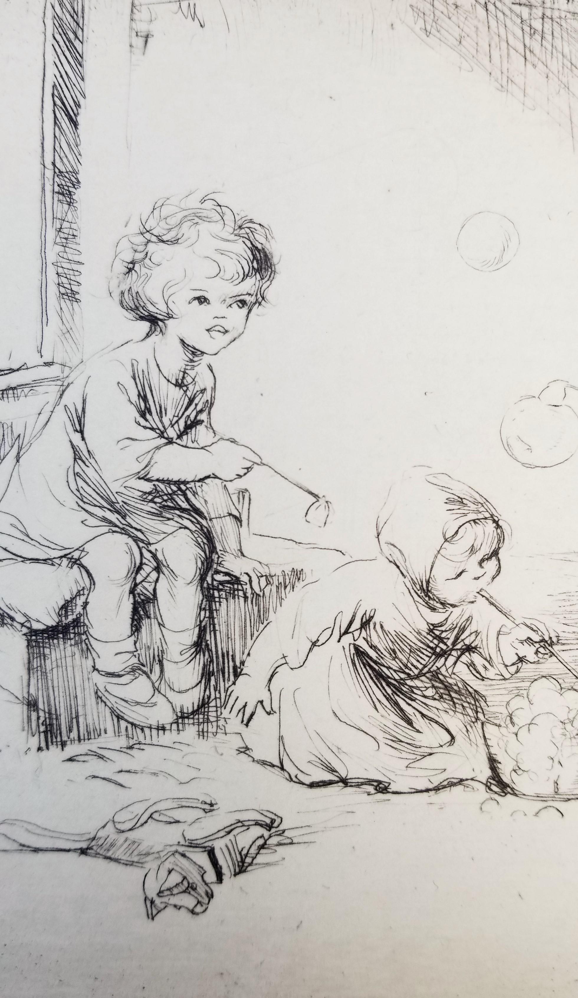 Blowing Bubbles /// Antique Female Children Etching Cute Figurative British Art For Sale 3