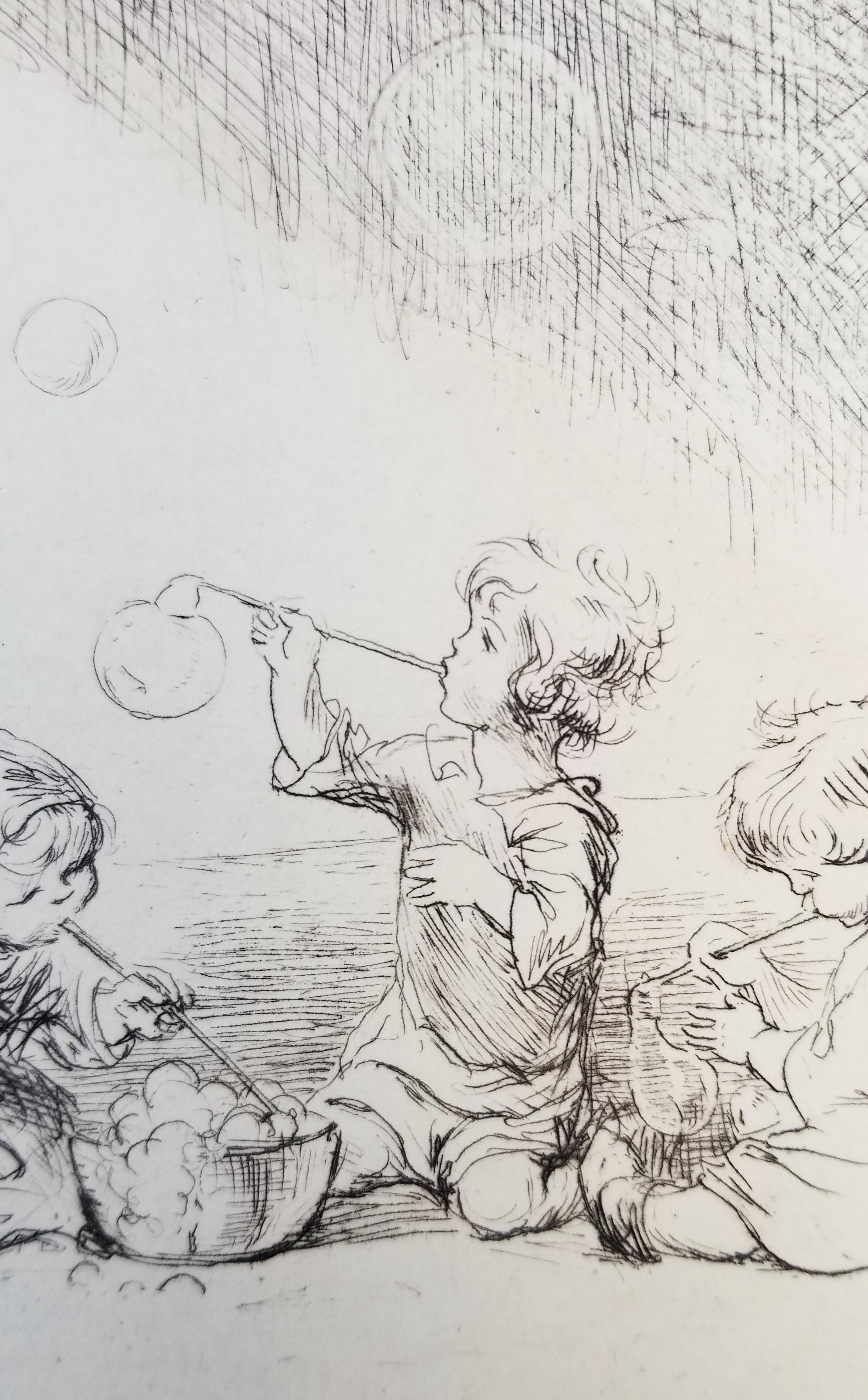 Blowing Bubbles /// Antique Female Children Etching Cute Figurative British Art For Sale 5