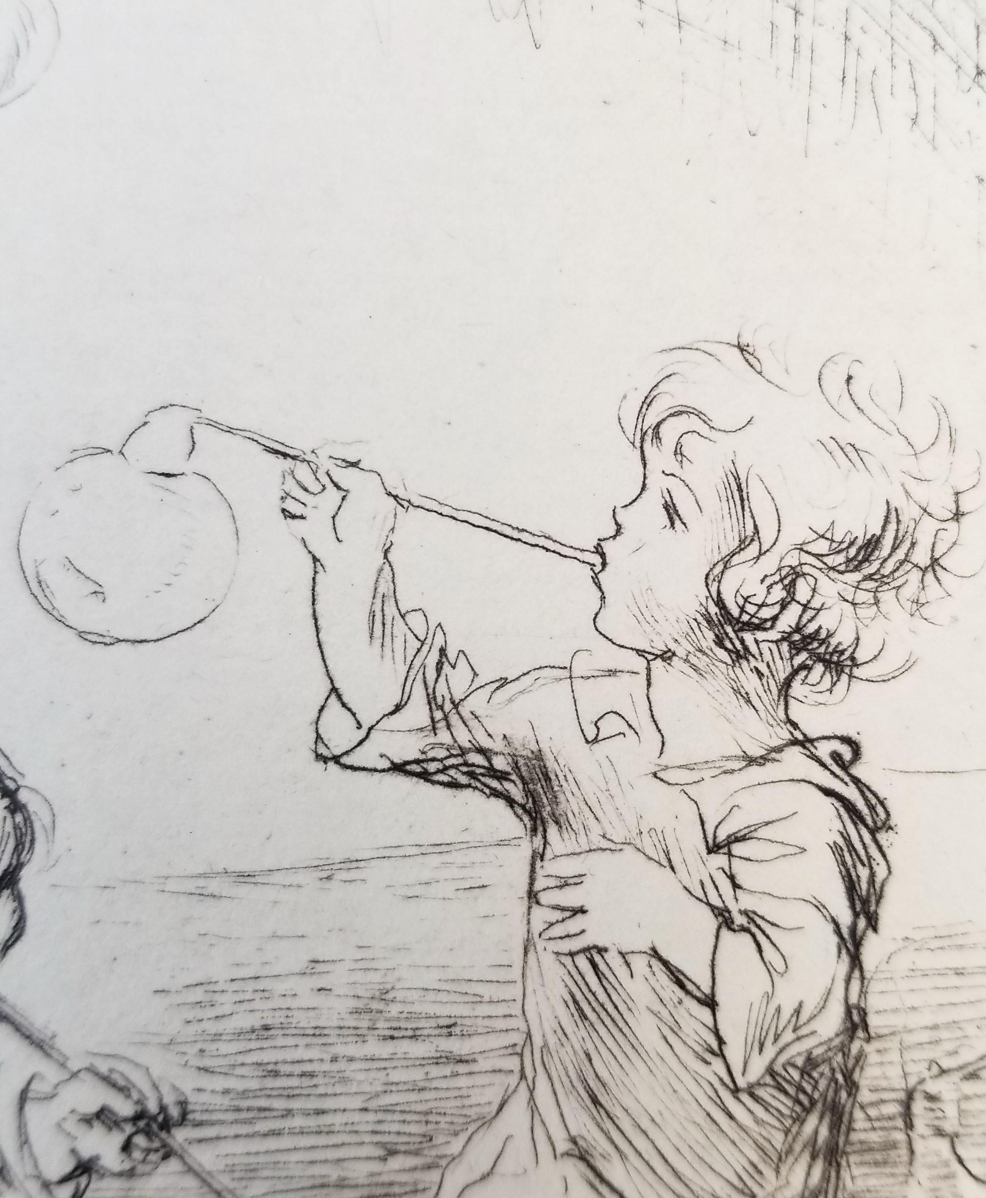 Blowing Bubbles /// Antike weibliche Kinder im Radierungsschliff Figurative britische Kunst im Angebot 9