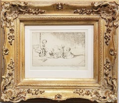 Blowing Bubbles /// Antique Female Children Etching Cute Figurative British Art